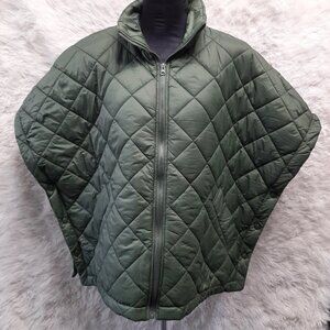 Eidissa Women's Green Quilted Oversized Stand Up Collar Coat Half Sleeves L/XL
